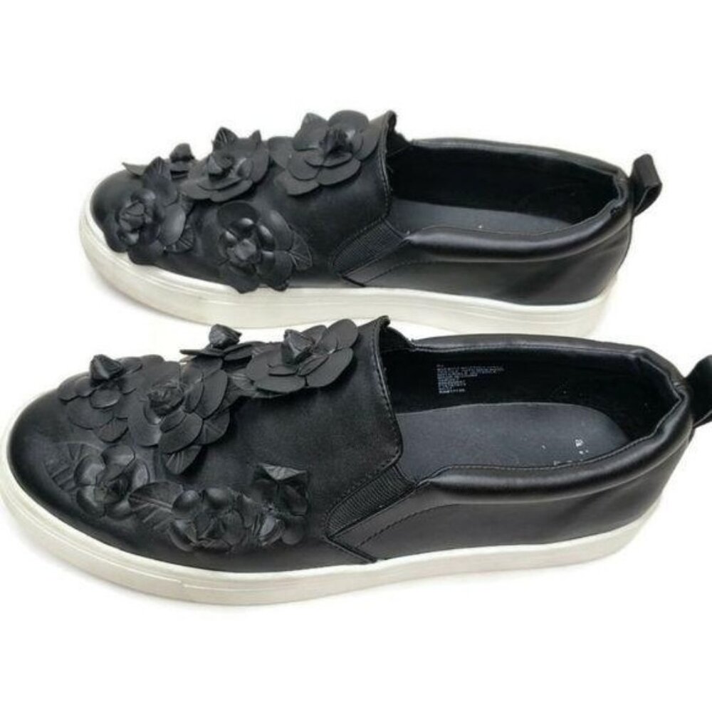 Womens Black Floral Slip-On Sneakers Size 9.5 Leather Upper With Rubber Sole - Picture 5 of 7